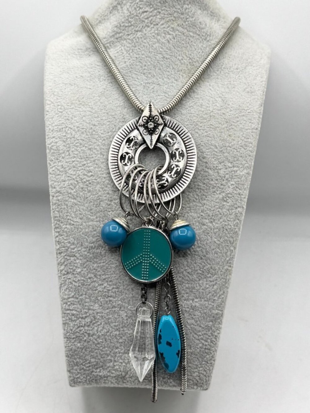 Silver tone blue beaded chain tassel charm necklace